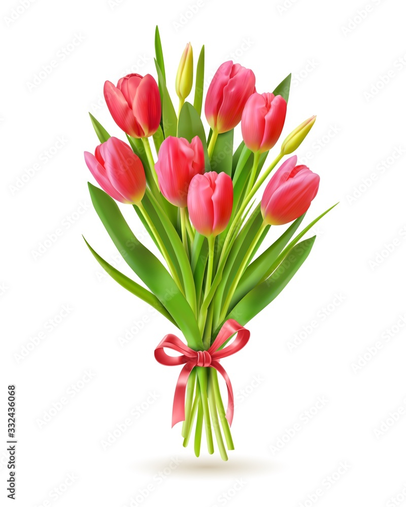 Tulips bouquet. Realistic 3d spring holland flowers for international woman day 8 march, mother and victory day greeting card vector image. Bouquet tulip, floral flower realistic illustration Tulips bouquet. Realistic 3d spring holland flowers for international woman day 8 march, mother and victory day greeting card vector image. Bouquet tulip, floral flower realistic illustration