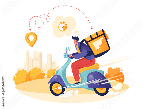 Concept of delivery service with courier character shipping parcels by scooter. Fast delivery of food, letters, household and personal items. Vector flat cartoon young man hurry to destination.