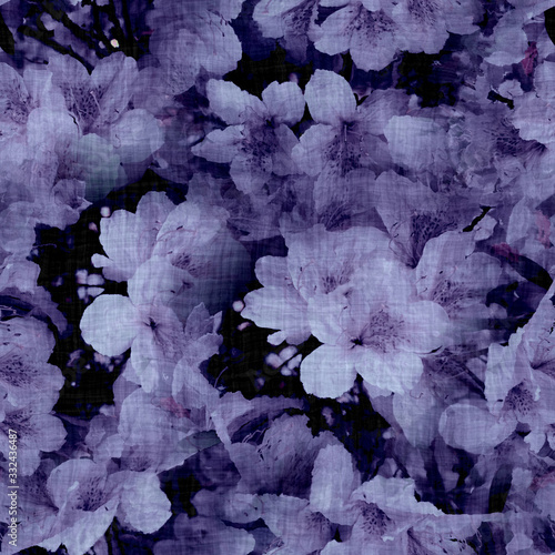 Seamless dark photo printed floral texture background. Variegated bold realistic flower glitch pattern. Large petal scale bloom grunge all over print. Elegant trendy moody modern fashion fabric swatch