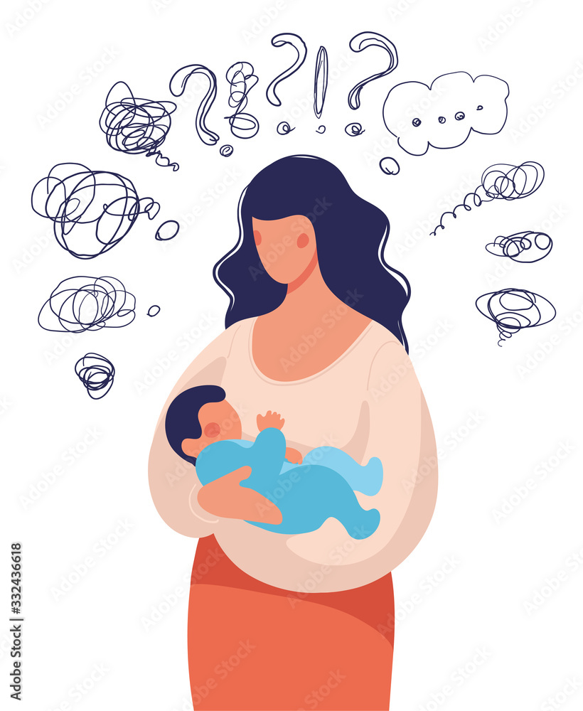 A woman with a child in her arms asks herself many questions. Conceptual illustration about postpartum depression, help for a young mother, family support. Flat cartoon illustration isolated on white - obrazy, fototapety, plakaty 