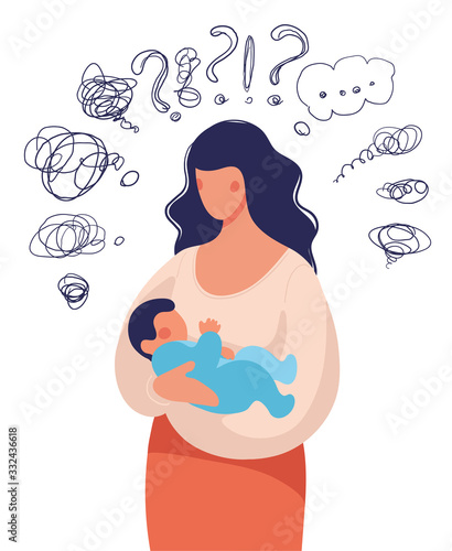 A woman with a child in her arms asks herself many questions. Conceptual illustration about postpartum depression, help for a young mother, family support. Flat cartoon illustration isolated on white