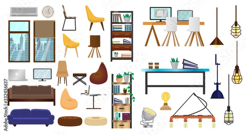 Vector set of furniture for creative loft interior, coworking or open space. Modern lamps, cupboards with books and folders, chairs, tables, sofas, windows with cityscape. Flat design.