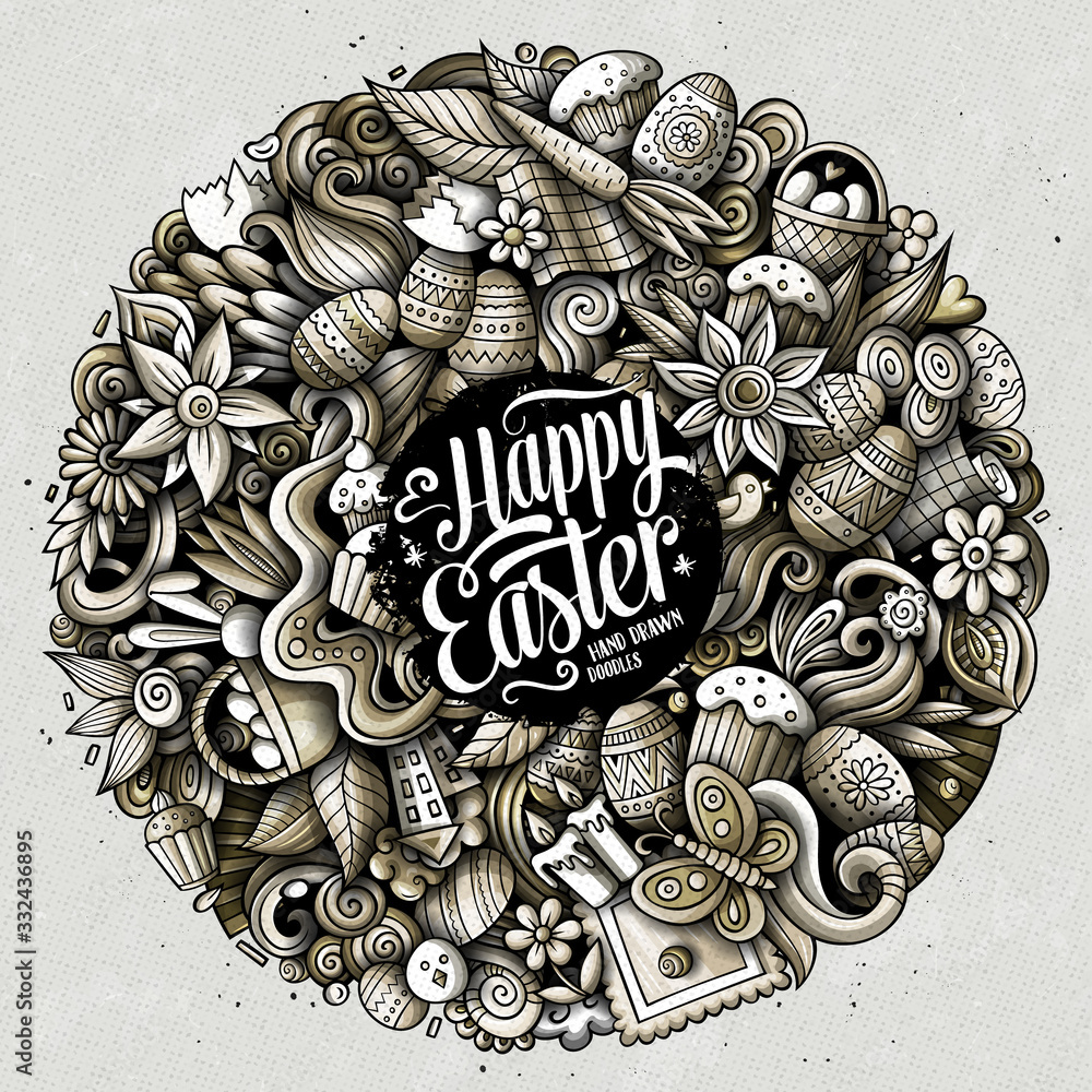 Happy Easter hand drawn vector doodles illustration. Color funny picture.