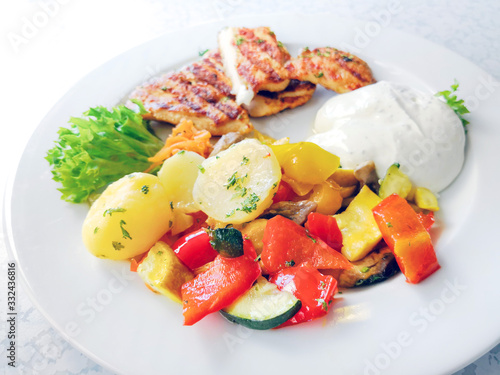 Fresh chicken steak with tomatoes and potatoes