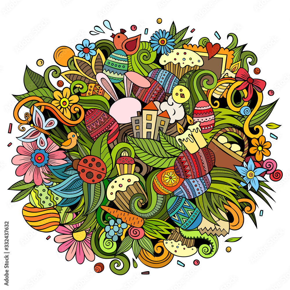 Fototapeta premium Happy Easter hand drawn vector doodles illustration. Color funny picture.