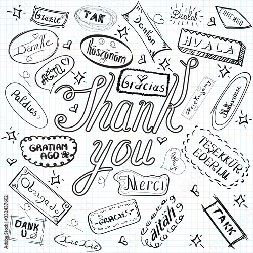 set of thank you words in different languages, vector illustration with hand written thank you word