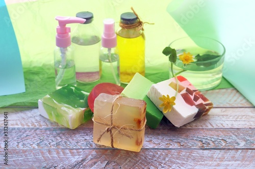Soap, antiseptic liquid, aromatic oil for hygienic procedures, washing hands, body care, spa, natural cosmetics, healthy lifestyle