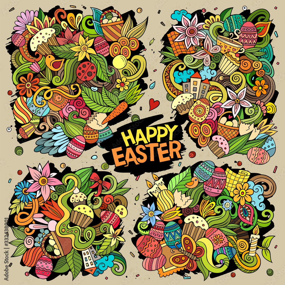 Vector doodles cartoon set of Happy Easter combinations of objects