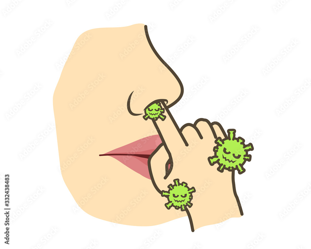 Do not knock the nose with his finger. The virus enters the body through the nose. The Corona virus concept.