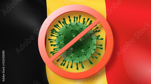 Forbbiden sign with crossed out Coronavirus bacteria on the background of Belgian flag. photo