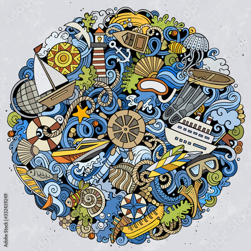 Marine hand drawn vector doodles illustration. Color funny picture.