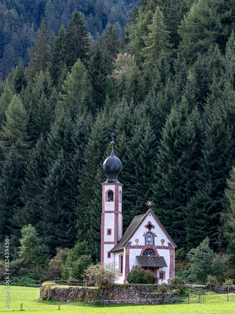 Church of Saint John in Ranui at sunrise South Tyrol, Italy