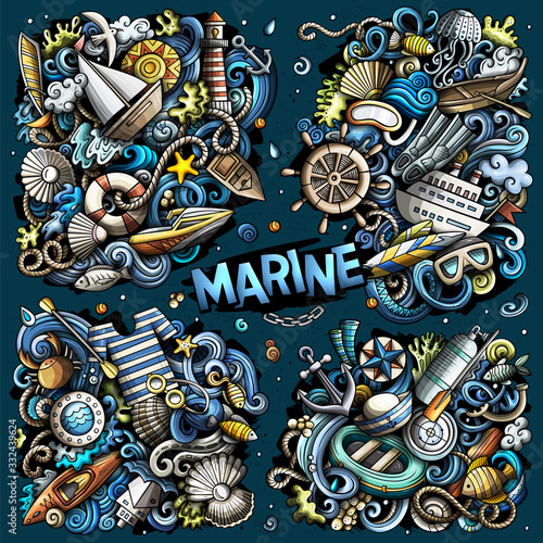 Vector doodles cartoon set of Marine combinations of objects