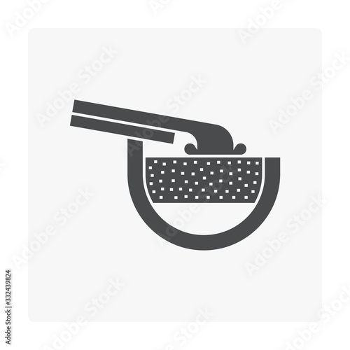 Rain gutter and rainwater pouring icon with half round shape. Include foam gutter guard or gutterstuff or foam filter insert made from sponge for protection from damage, clogged and reduce cleaning.