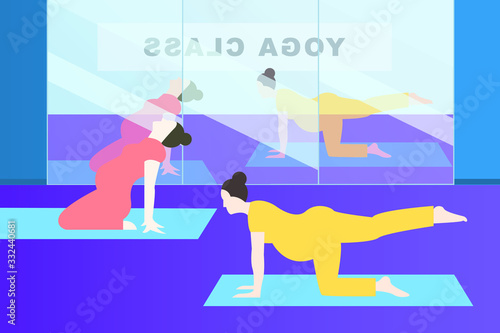 Vector illustration with pregnant women doing yoga Pregnant girls are standing in asanas in yoga class