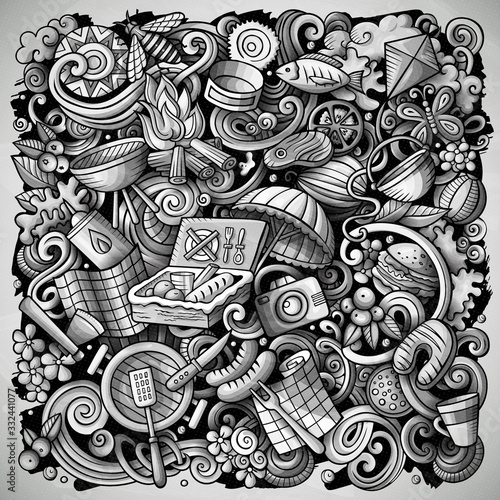 Picnic hand drawn vector doodles illustration. BBQ poster design.