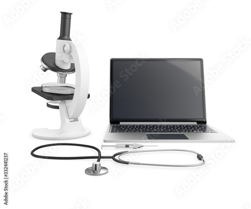 Microscope, stethoscope and laptop with empty screen on the white background in medical lab. 3d render.