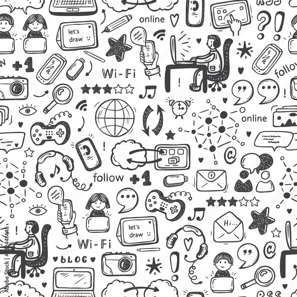 Internet of Things Background. Hand drawn Doodle Cloud Computing Technology and Social Media Icons Vector Seamless pattern