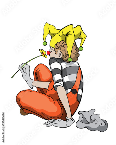 Sad mime clown contemplating with a yellow flower in hand