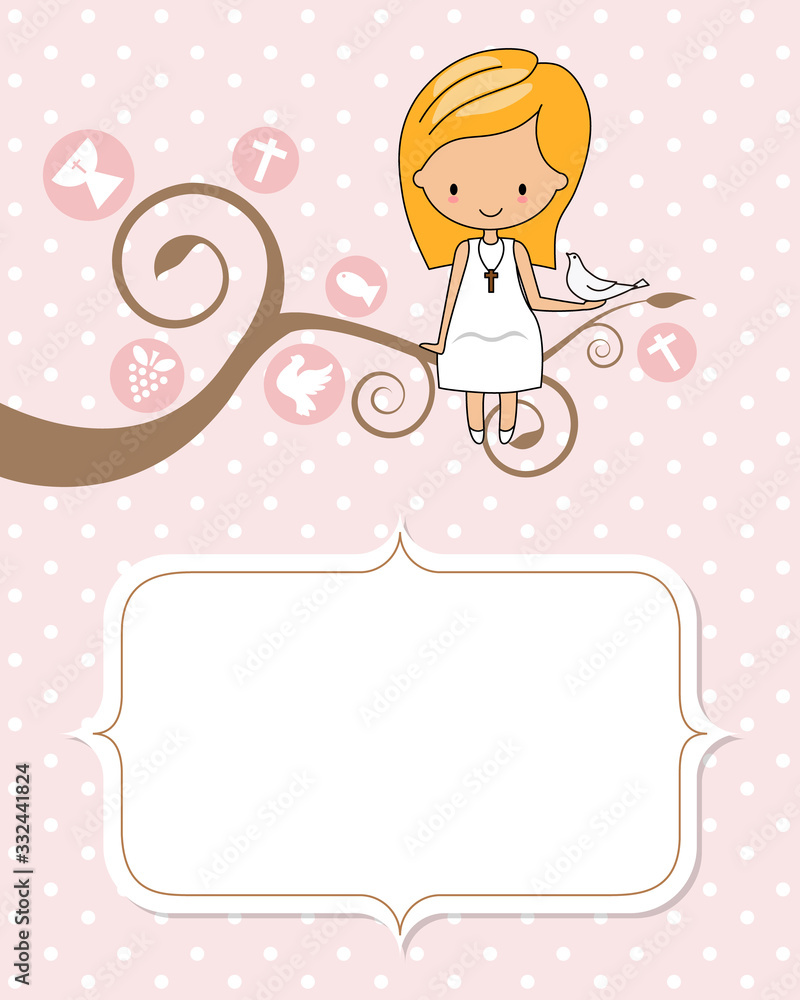 Card my first communion. Girl sitting on a tree with a dove Card my first communion. Girl sitting on a tree with a dove