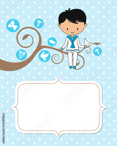 Card my first communion. Boy sitting on a tree with a dove