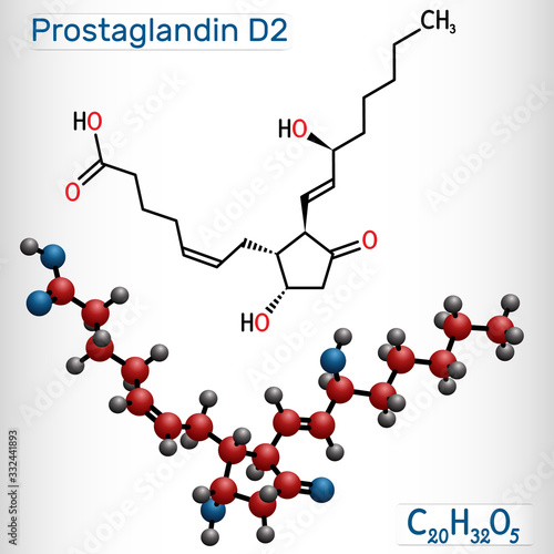 Prostaglandin D2 , PGD2 , prostaglandin, C20H32O5 molecule. Structural chemical formula and molecule model photo