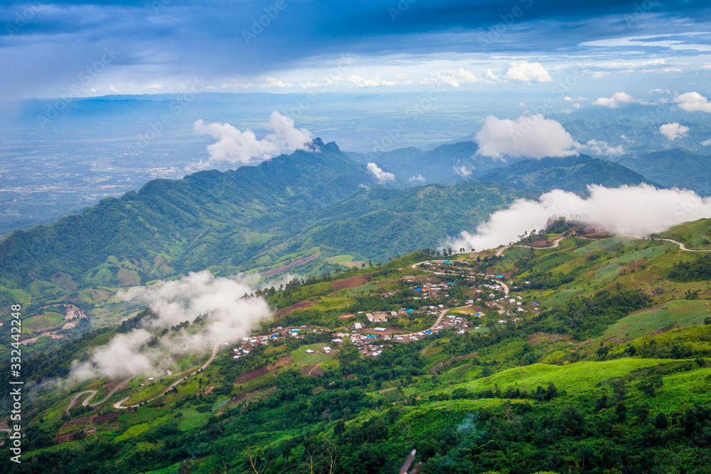 Clouds covering beautiful valleys and the road to Phu Thap Boek  mountain in rainy season, Phetchabun Province,Thailand
