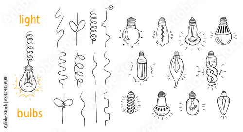 Vector Set of Hand drawn Light Bulbs and Wires. Symbol of Hanging light bulb idea