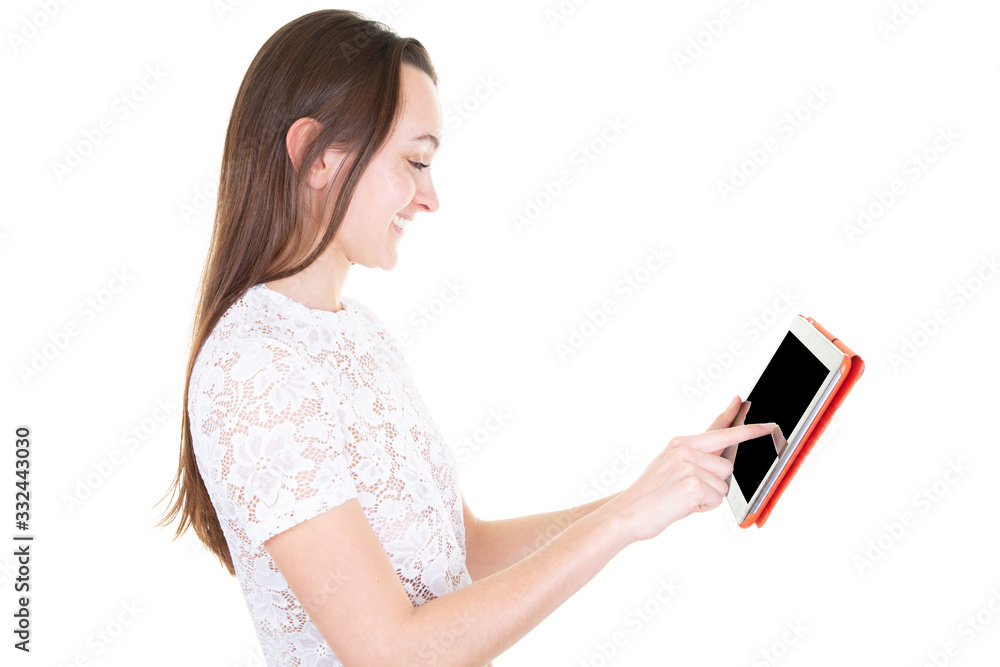 slim profile pretty woman in shirt tablet in hands isolated on white background slim profile pretty woman in shirt tablet in hands isolated on white background