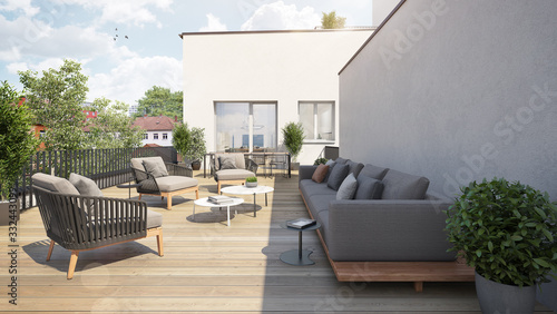 Obraz na plátně Modern terrace showcase with sofa and chairs