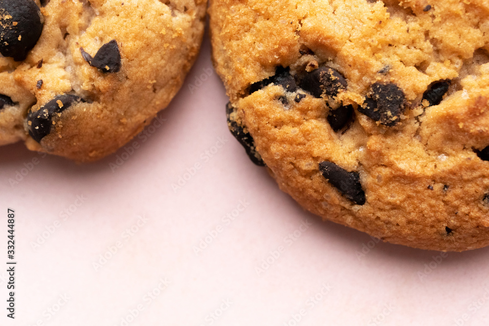 Cookie with chocolate chip with selective focus on pink dish, close-up Cookie with chocolate chip with selective focus on pink dish, close-up