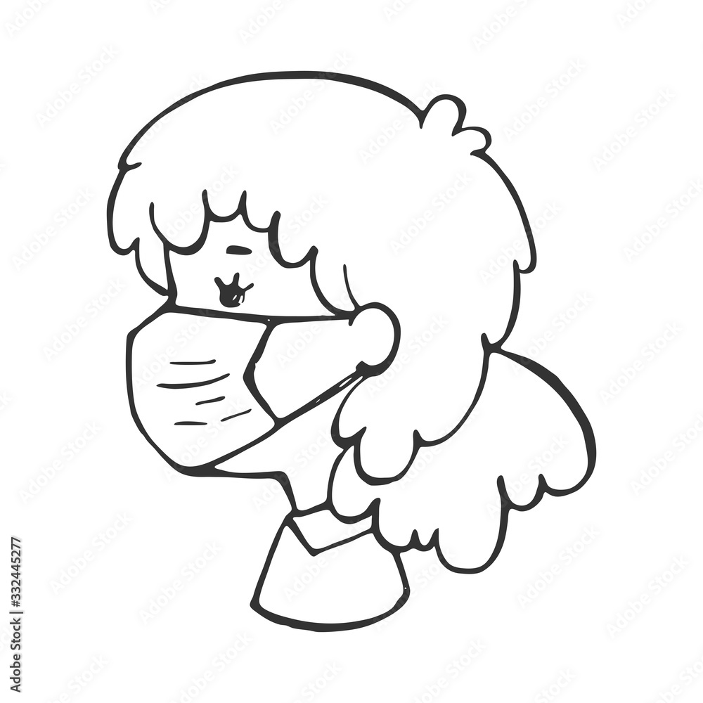 Profile woman in a protective mask against viruses. Cartoon character on a white background in sketch style. Linear illustration.