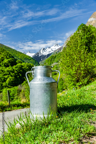 Milchkanne in einer Bergwiese im Gebirge