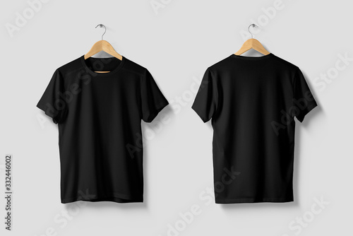 Photo Black T-Shirt Mock-up on wooden hanger, front and rear side view