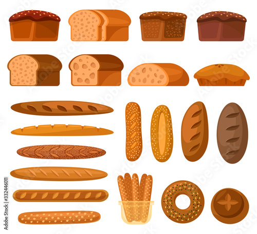 Bread, bakery food buns and bagels, flat icons