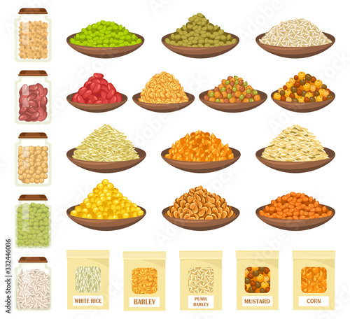 Cereals in bowls, rice, corn, barley, oats icons