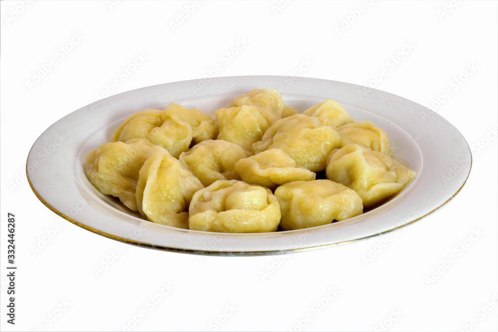 Meat dumplings, russian pelmeni, ravioli with meat on a plate on a white background, isolated. Meat dumplings, russian pelmeni, ravioli with meat on a plate on a white background, isolated.