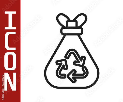 Black line Garbage bag with recycle symbol icon isolated on white background. Trash can icon. Recycle basket sign. Vector Illustration
