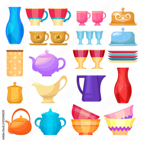 Crockery, kitchen dishware and porcelain icons set