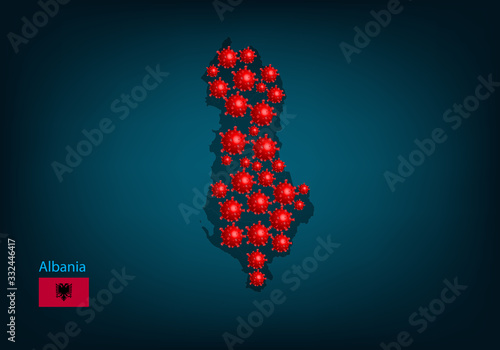 Vector of map and flag of albania with Covid-19 Virus image on it, the COVID-19 outbreak spread. the official name by WHO for 2019 Corona Virus that originally came from Wuhan, China.