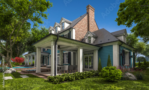 3d rendering of modern cozy classic house in colonial style with garage and pool for sale or rent with beautiful landscaping on background. Clear sunny summer day with blue sky.