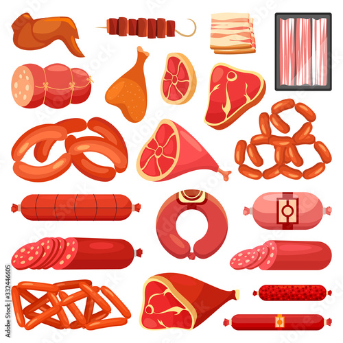 Sausages and meat, butchery beef and pork products