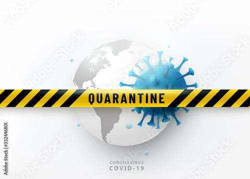 Coronavirus quarantine vector design concept. Virus 2019-ncov attack earth globe. Warning protection strip in yellow and black color crosses illustration
