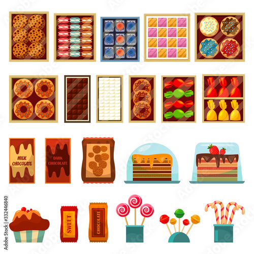 Dessert sweets, chocolate, cakes and biscuit boxes