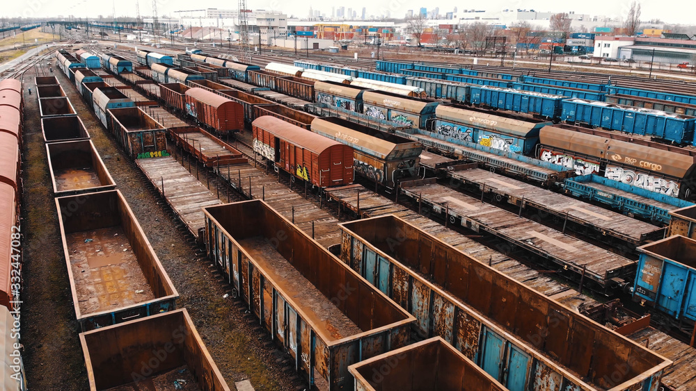 Warsaw, Poland 03.20.2020. - Empty cargo containers on the railyard. Freight transport. inland shipping