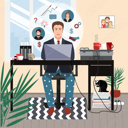 Businessman in a suit jacket and pajama bottoms working from home using laptop computer. Covid or coronavirus quarantine concept, self isolation. Vector flat style illustration isolated on white