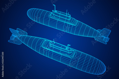 Military atomic submarine underwater boat. Wireframe low poly mesh vector illustration