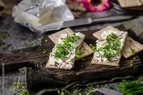 Delicious fresh cheese with herbs on crispbread photo