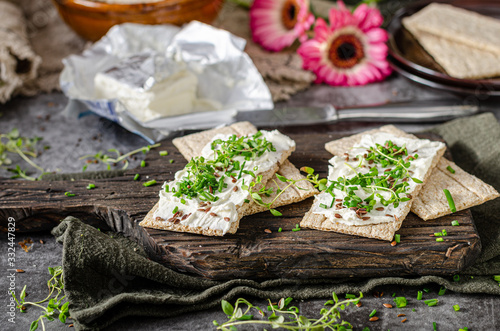 Delicious fresh cheese with herbs on crispbread