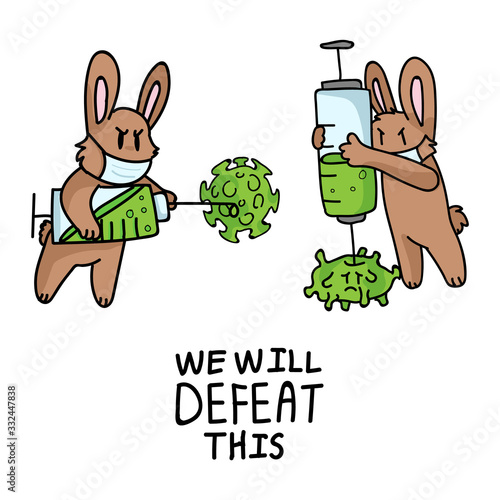 Corona virus crisis two we will defeat this banner poster. Covid 19 infographic for kids with cute bunny wth syringe. Educational graphic picture of virus. Friendly icon. Vector flu caution. 